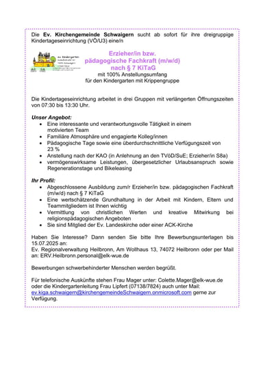 Stellenausschreibung Kindergarten