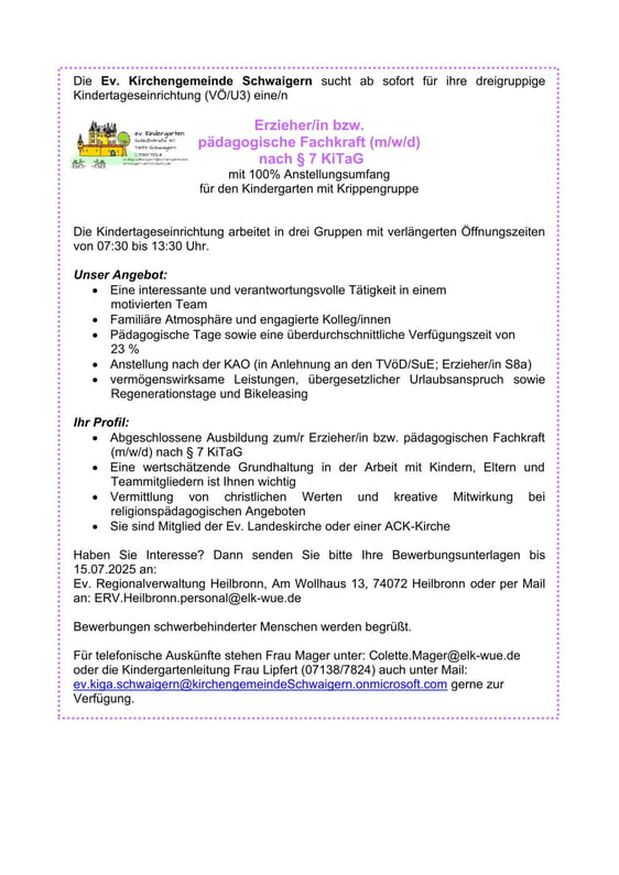 Stellenausschreibung Kindergarten